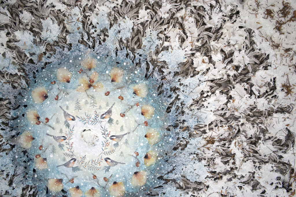 Tina Poplawski, Chickadees, detail, Solo Show, World of Threads Festival 2023-24.