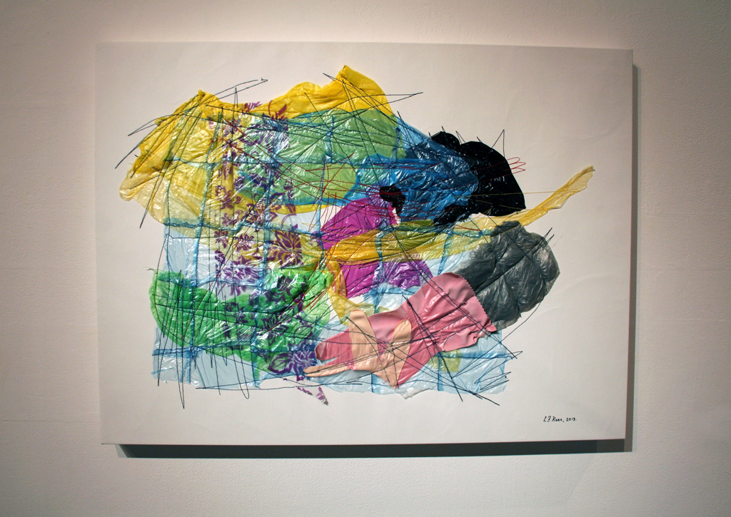 Louise Keen, Landscape with Rubber Glove 5, Strung out and Undone exhibition, World of Threads Festival 2014.