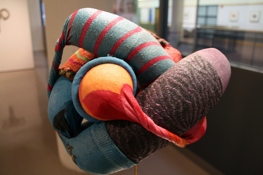 Kim Stanford, So Uh…Mike Kelly and Jeff Koons Walk Into a Bar, detail, Strung out and Undone exhibition, World of Threads Festival 2014.