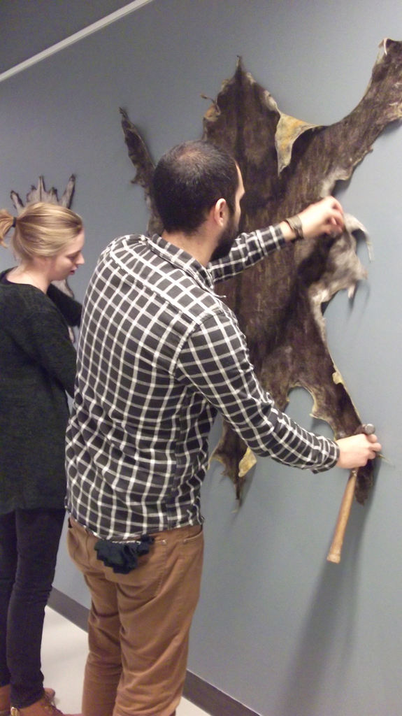 Artist: Daniel F Manchego, Installing his installation, World of Threads Festival 2014.