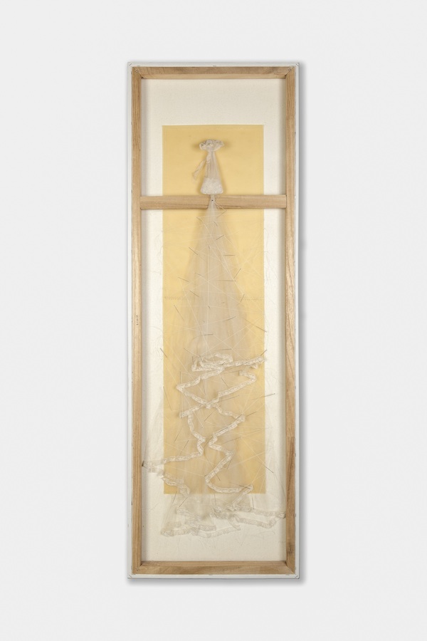 Salt, vintage veil, pattern wax, acupuncture needles, nylon filament, salt, thread on canvas – 2012, 60" x 20". Photo: Christian Carlson. Salt, a preservative and purifier that prevents decay and corruption; eternal, enduring, never changing, and abiding forever. "Have salt among yourself and be peaceful with one another" Mark 9:50