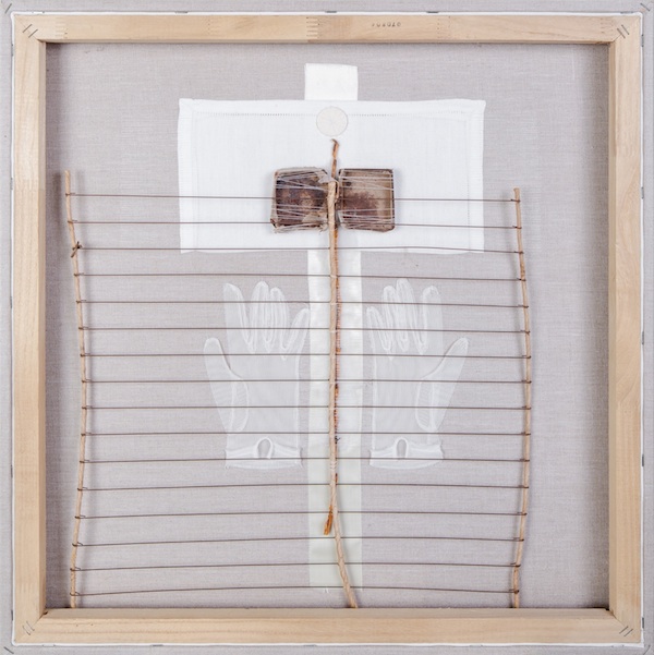 Confirmation, vintage French gloves, linen, branches, wire, thread on canvas – 2012, 24" x 24". Photo: Christian Carlson (Proof which shows that something is true or correct, a rite or initiation, a laying on of hands. Gloves become hands, held up in recognition and restraint. What is true?)